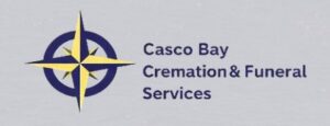 Logo for Casco Bay Cremation & Funeral Services featuring a compass rose with navy blue and yellow accents next to the company name.