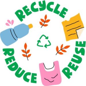 recycle reduce reuse with recycling symbol and recyclables