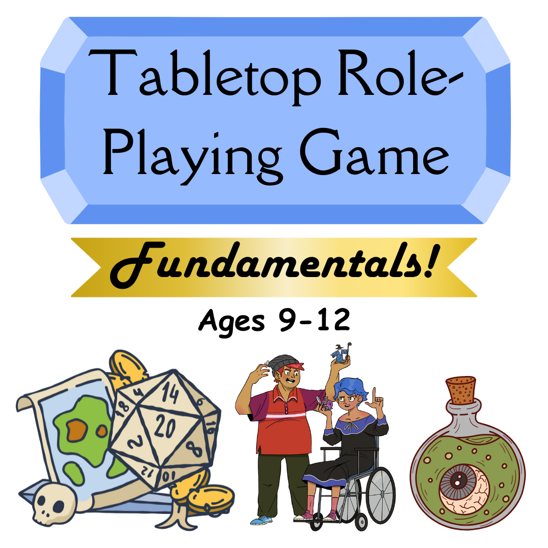 Tabletop Roleplaying Game Fundamentals picture of table top supplies and two people.