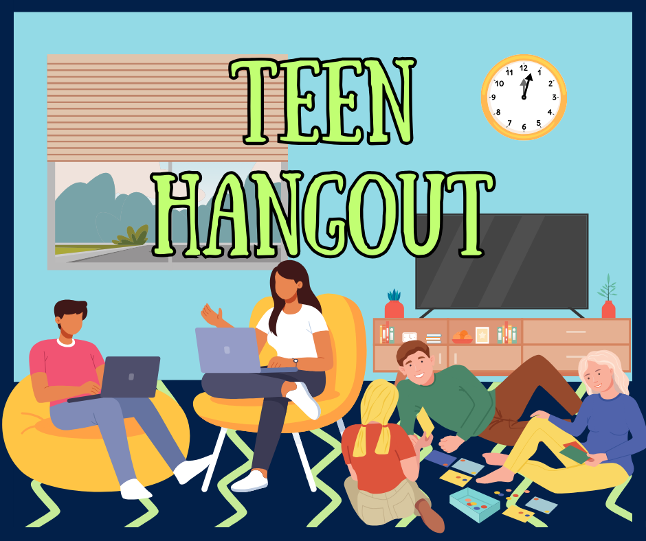 Teen Hangout logo teens hanging out in living area