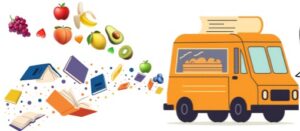 yellow book mobile with books and food trailing from vehicle
