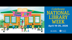 national library week banner clip art of people visiting a library text celebrate national library week april 19th - april 25