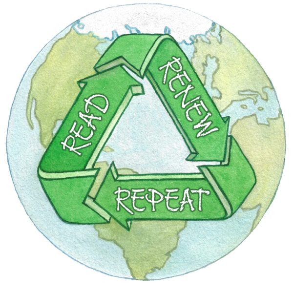 Earth with recycling logo that says Renew, Repeat, Read