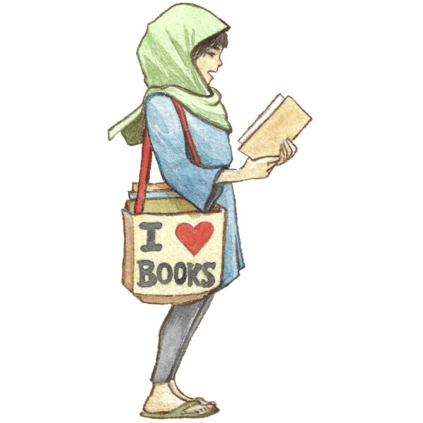 girl with book and bag that says I (heart) reading