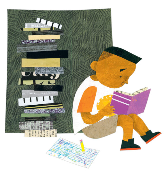child reading next to stack of books
