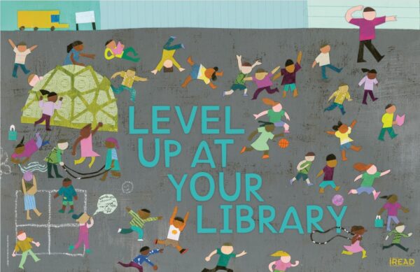 level up at your library poster image children playing on playground