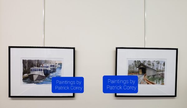 two watercolor paintings on the library walls