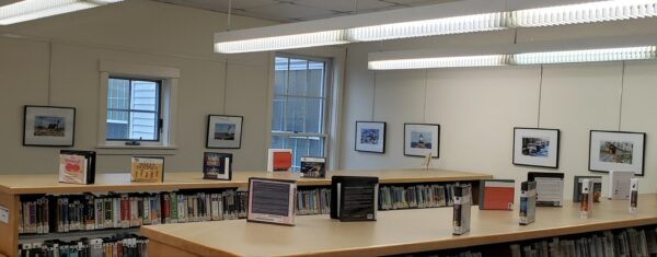 multiple paintings on library walls