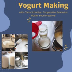picture of yogurt making supplies with the text Yogurt Making with Claire Schreiber Cooperative Extension Master Food Preserver