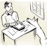 drawing of a man working at a table with dog nearby