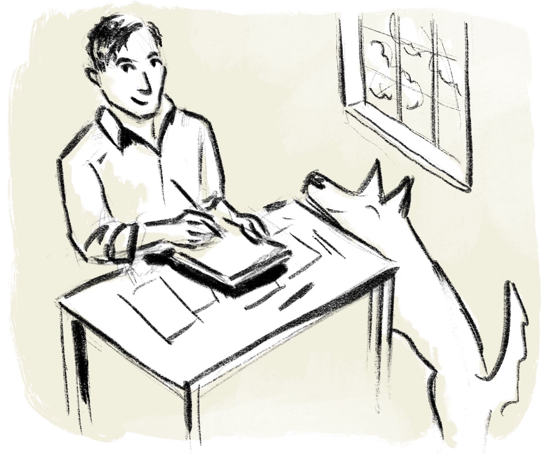 drawing of a man working at a table with dog nearby
