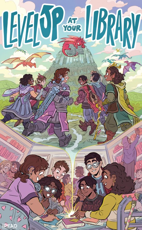 teen summer reading poster text says level up at your library picture of teens playing a game with imagination bubble of a fantasy world and characters