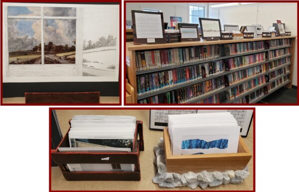 pictures of art displayed at the library