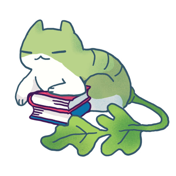 green cat with leaf tail resting on two books