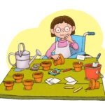 clip art of child in wheel chair at a table planting seeds in a number of pots