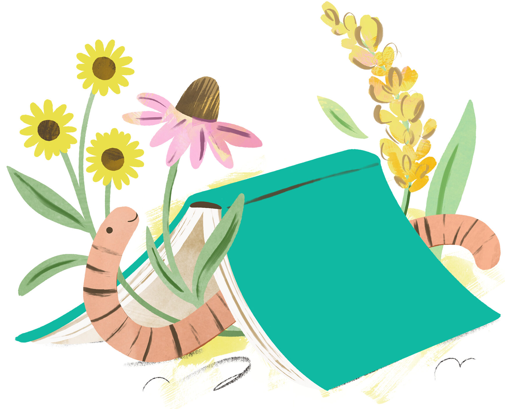 book in a tent shape with worm under it and some plants around it.