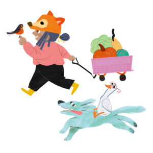 child with a bird on their finger with a fox hat and pulling a small wagon of vegetables with a dog being ridden b a goose running next to them