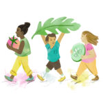 three children walking with large salad ingredients