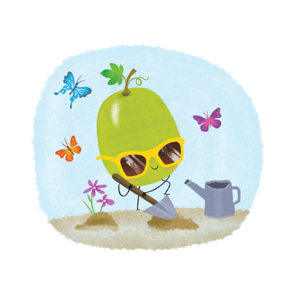 a green grape figure digging a hole with a shovel to plant with one flower already planted butterflies flying and a watering can on the ground