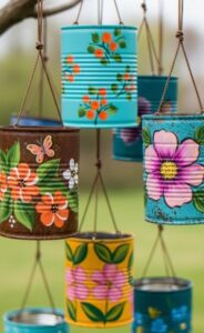 image of diy planters made with tin cans and decorated with painted flowers
