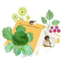 person under a book made into a tent reading a book with a chicken a cat is on top of the book tent and various plants look to be growing from the book or near it